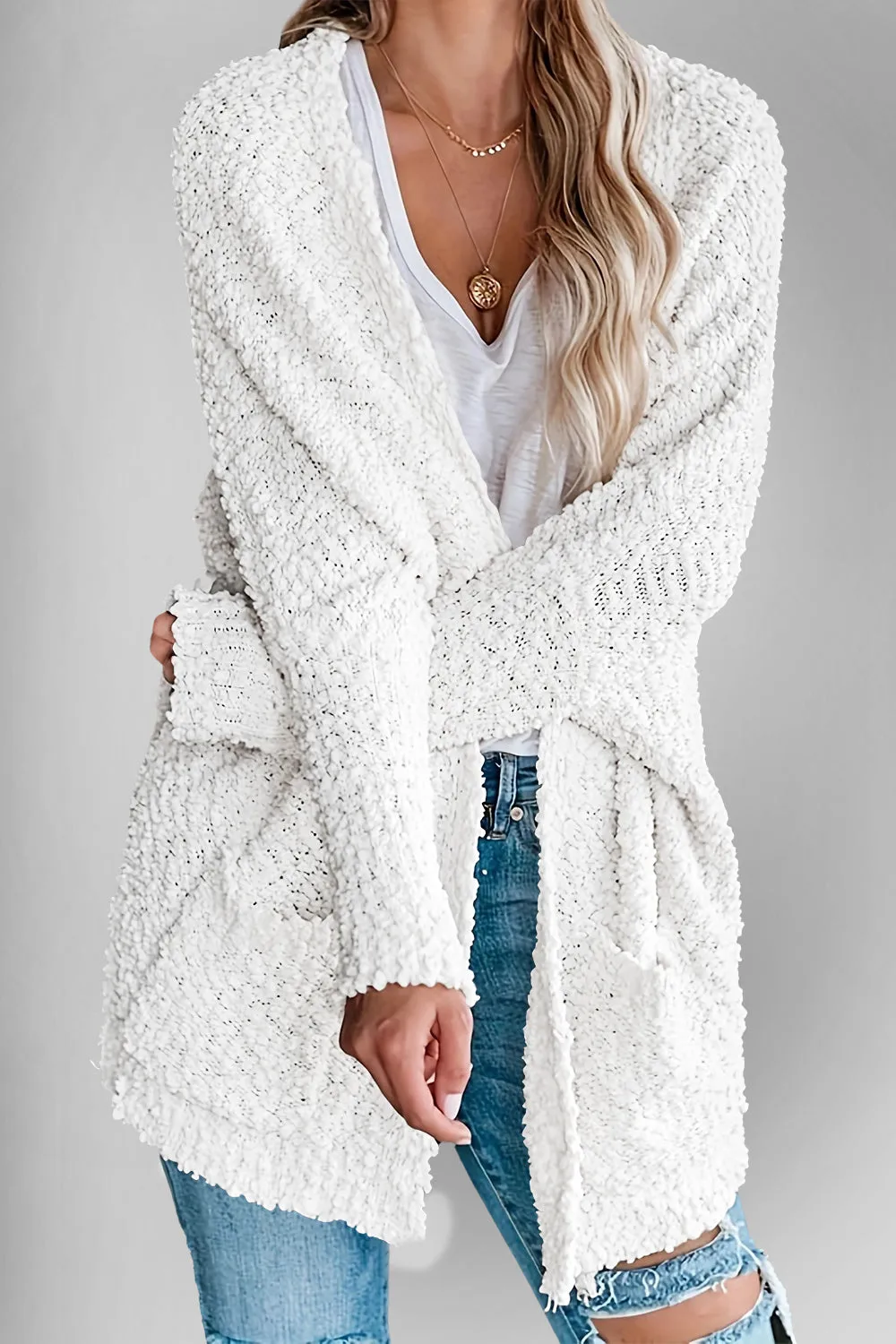 Double Take Pocketed Open Front Long Sleeve Cardigan Sweater
