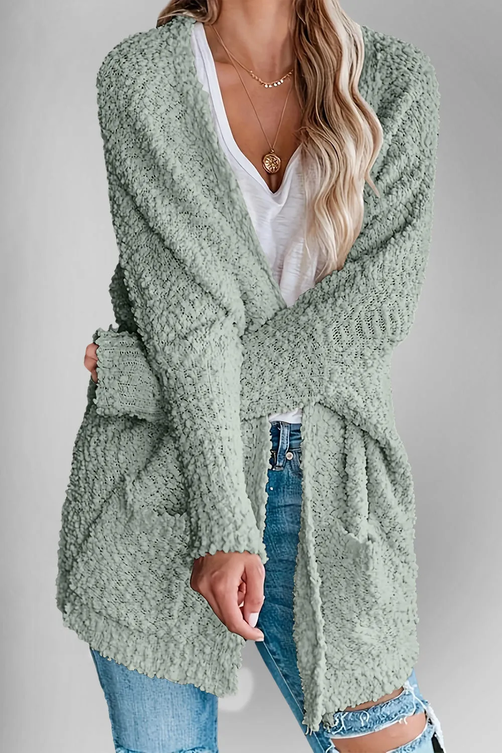 Double Take Pocketed Open Front Long Sleeve Cardigan Sweater