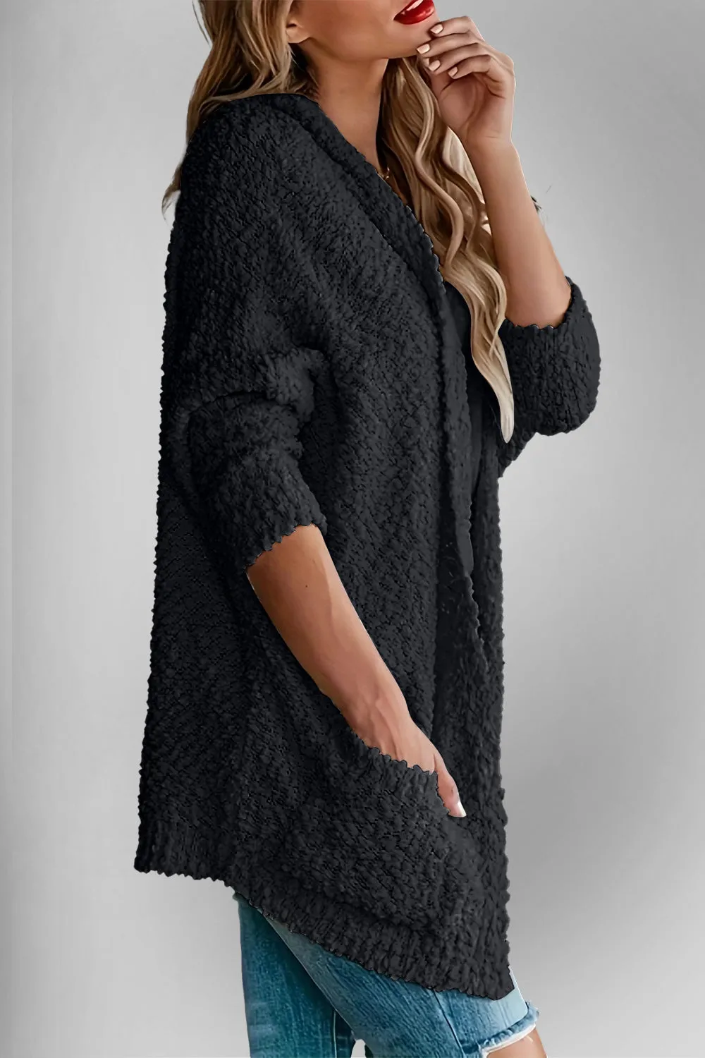 Double Take Pocketed Open Front Long Sleeve Cardigan Sweater