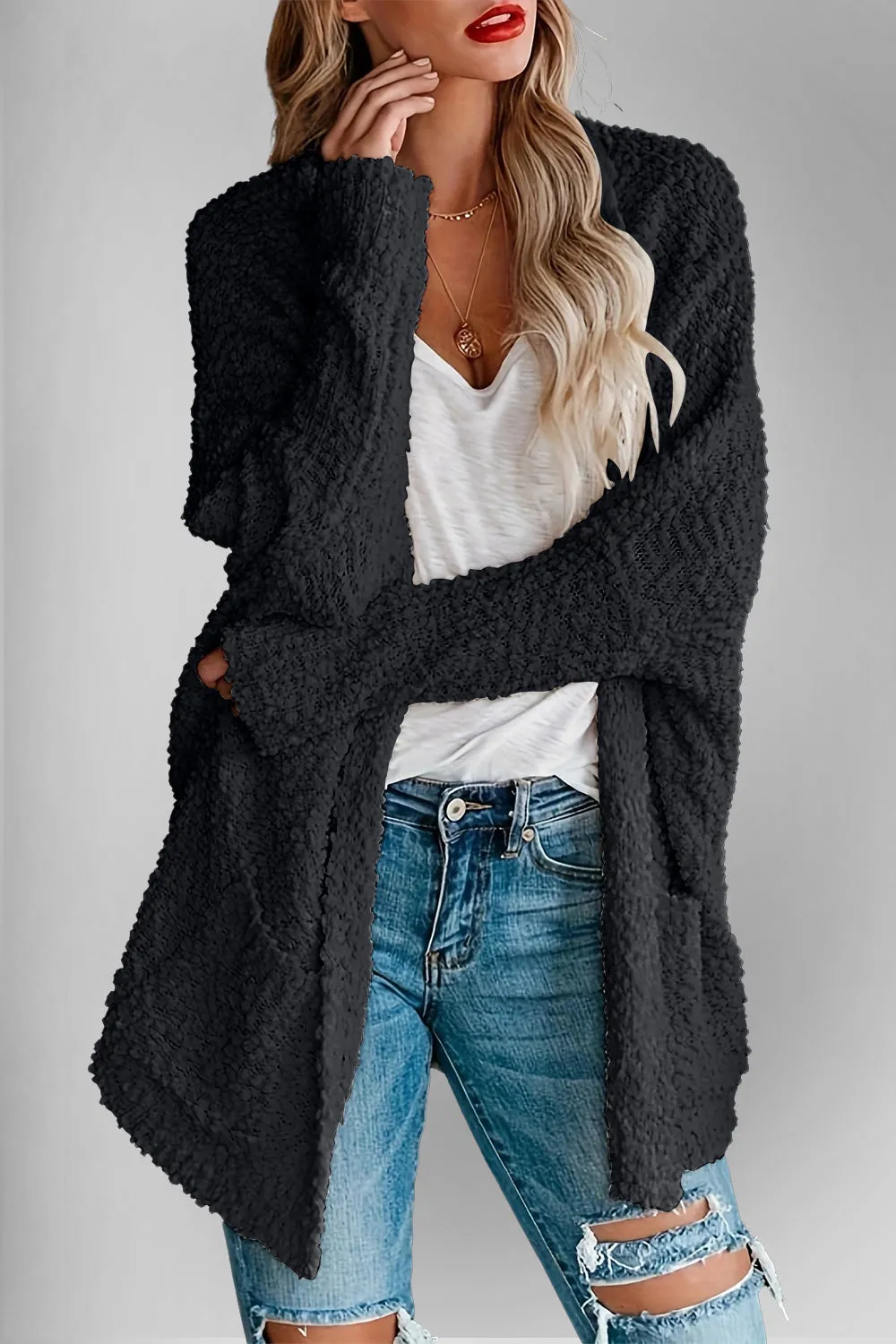 Double Take Pocketed Open Front Long Sleeve Cardigan Sweater