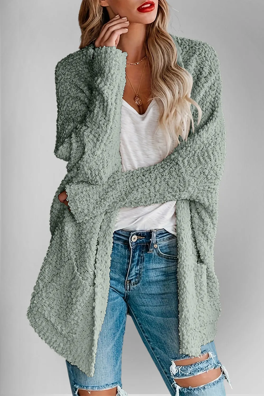 Double Take Pocketed Open Front Long Sleeve Cardigan Sweater