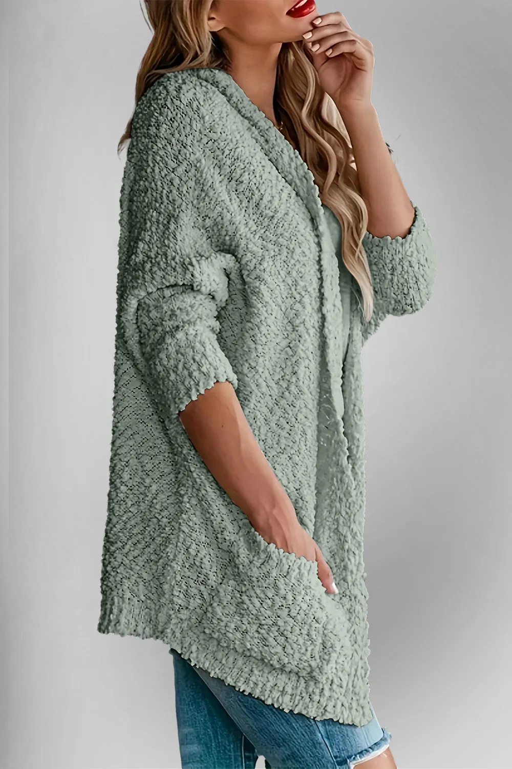 Double Take Pocketed Open Front Long Sleeve Cardigan Sweater