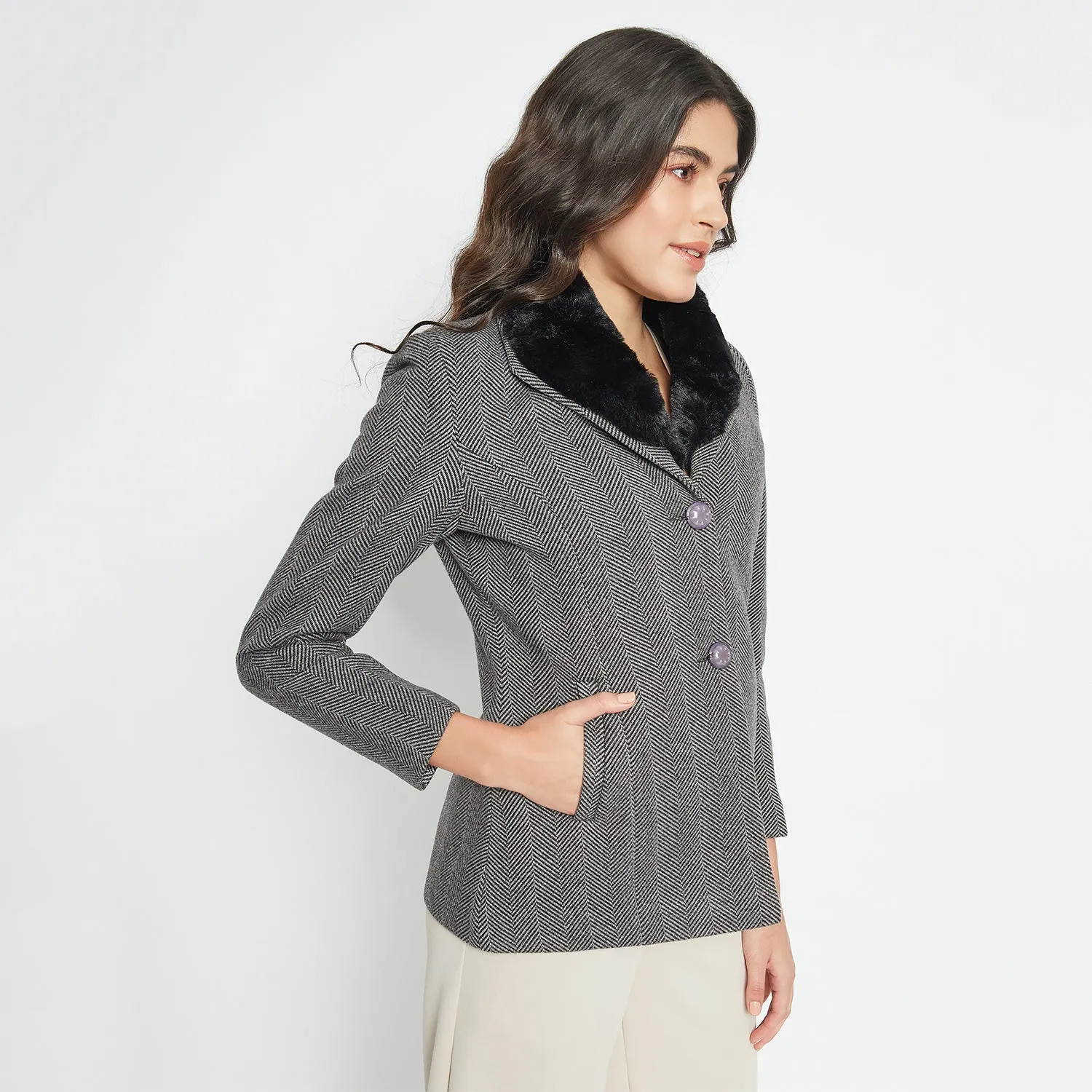 Duke Stardust Women Full Sleeve Fur Collared Coat (SDZ4102)