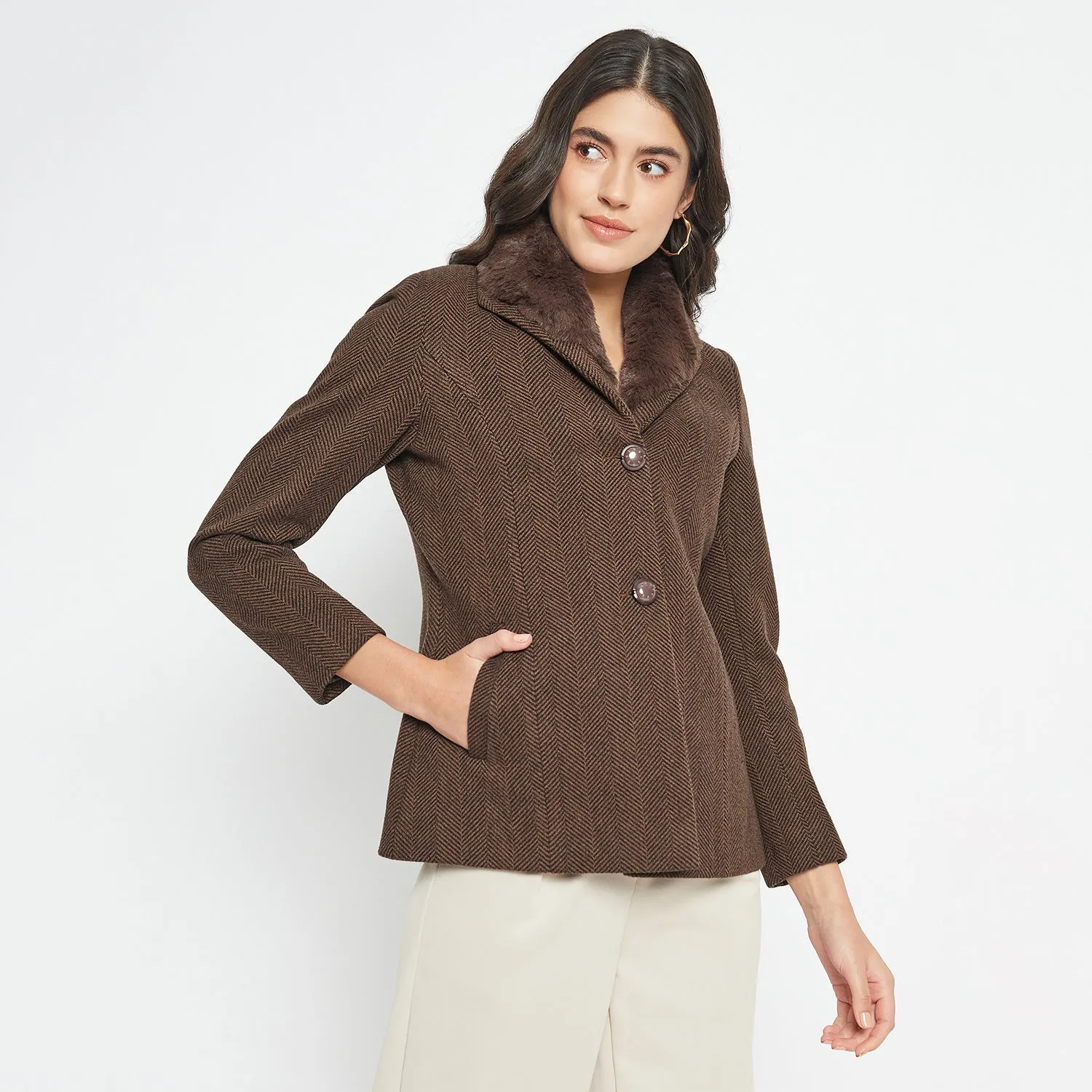 Duke Stardust Women Full Sleeve Fur Collared Coat (SDZ4102)