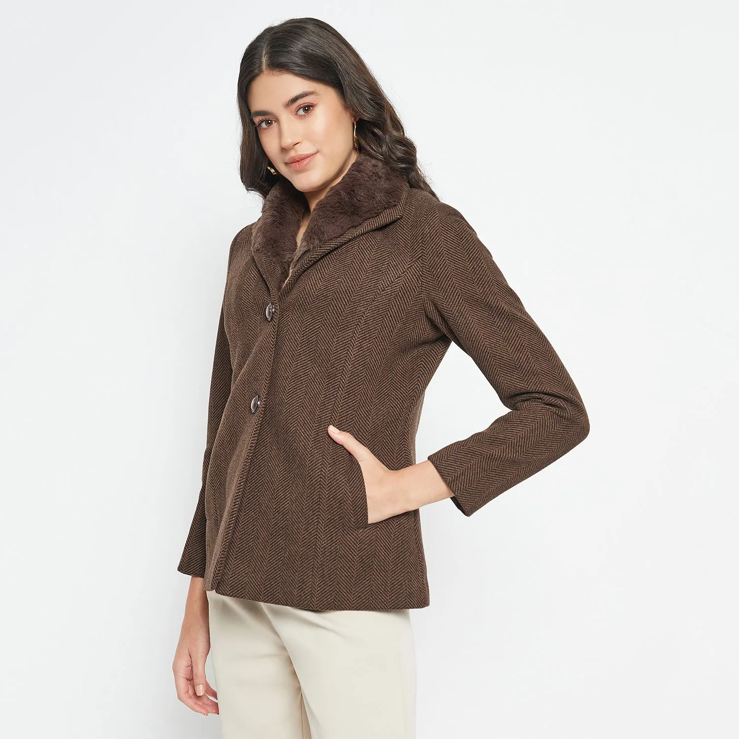 Duke Stardust Women Full Sleeve Fur Collared Coat (SDZ4102)