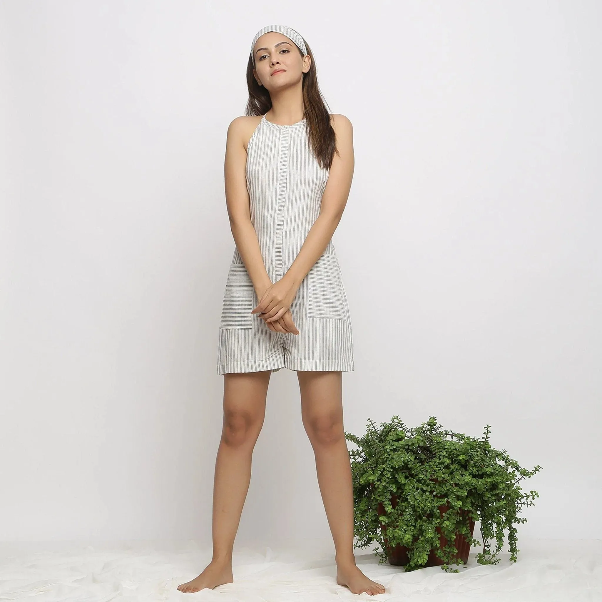 Ecru Cotton Muslin Halter Neck Short Romper