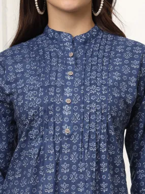 Ekisha's women blue pleated designer floral printed cotton tunic top short kurti