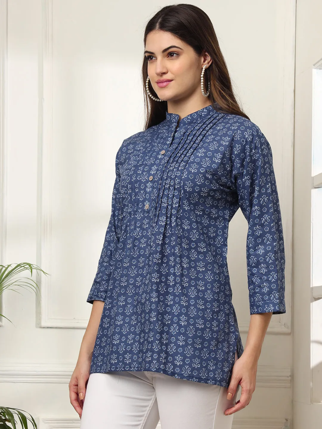 Ekisha's women blue pleated designer floral printed cotton tunic top short kurti