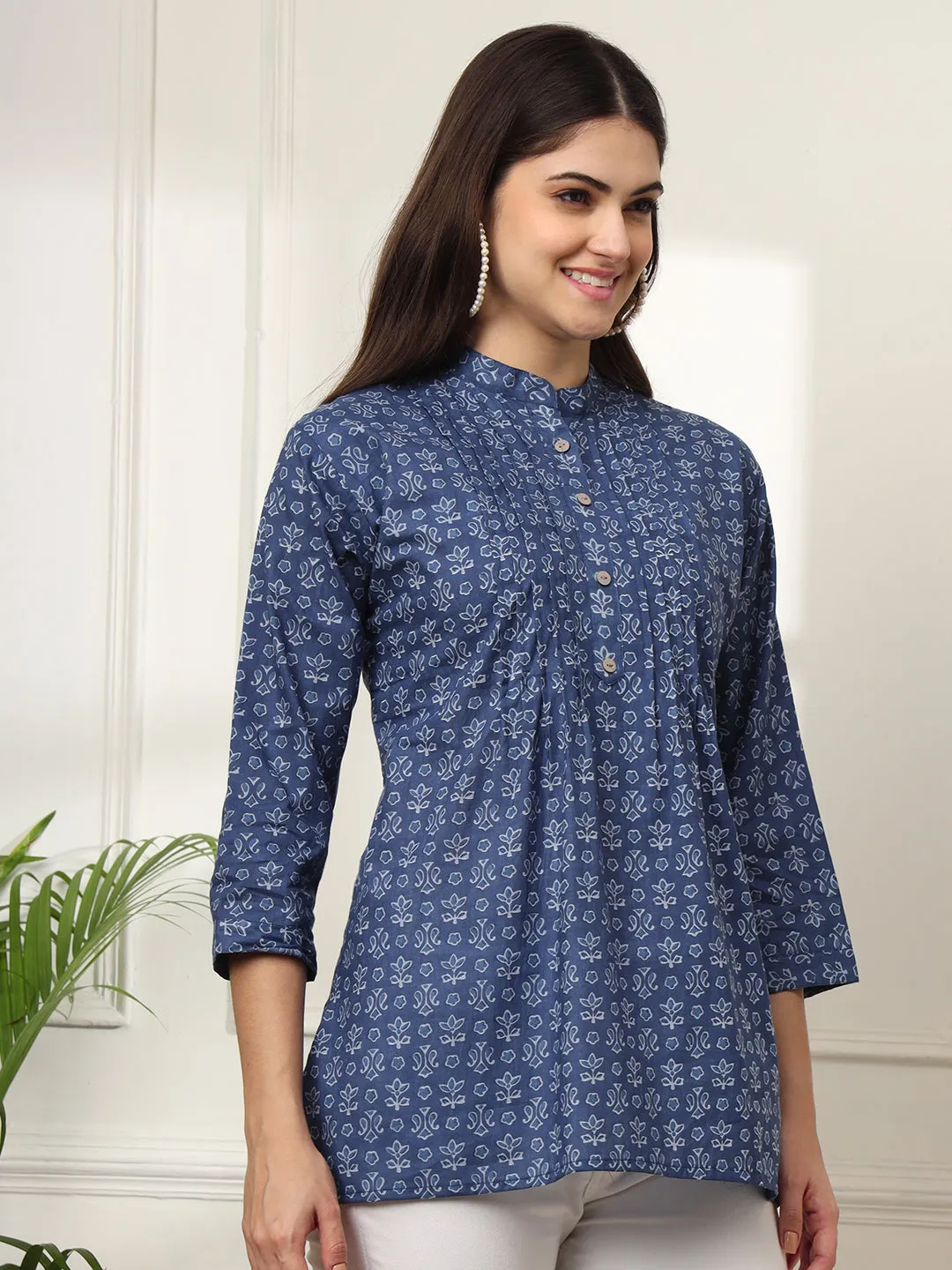 Ekisha's women blue pleated designer floral printed cotton tunic top short kurti