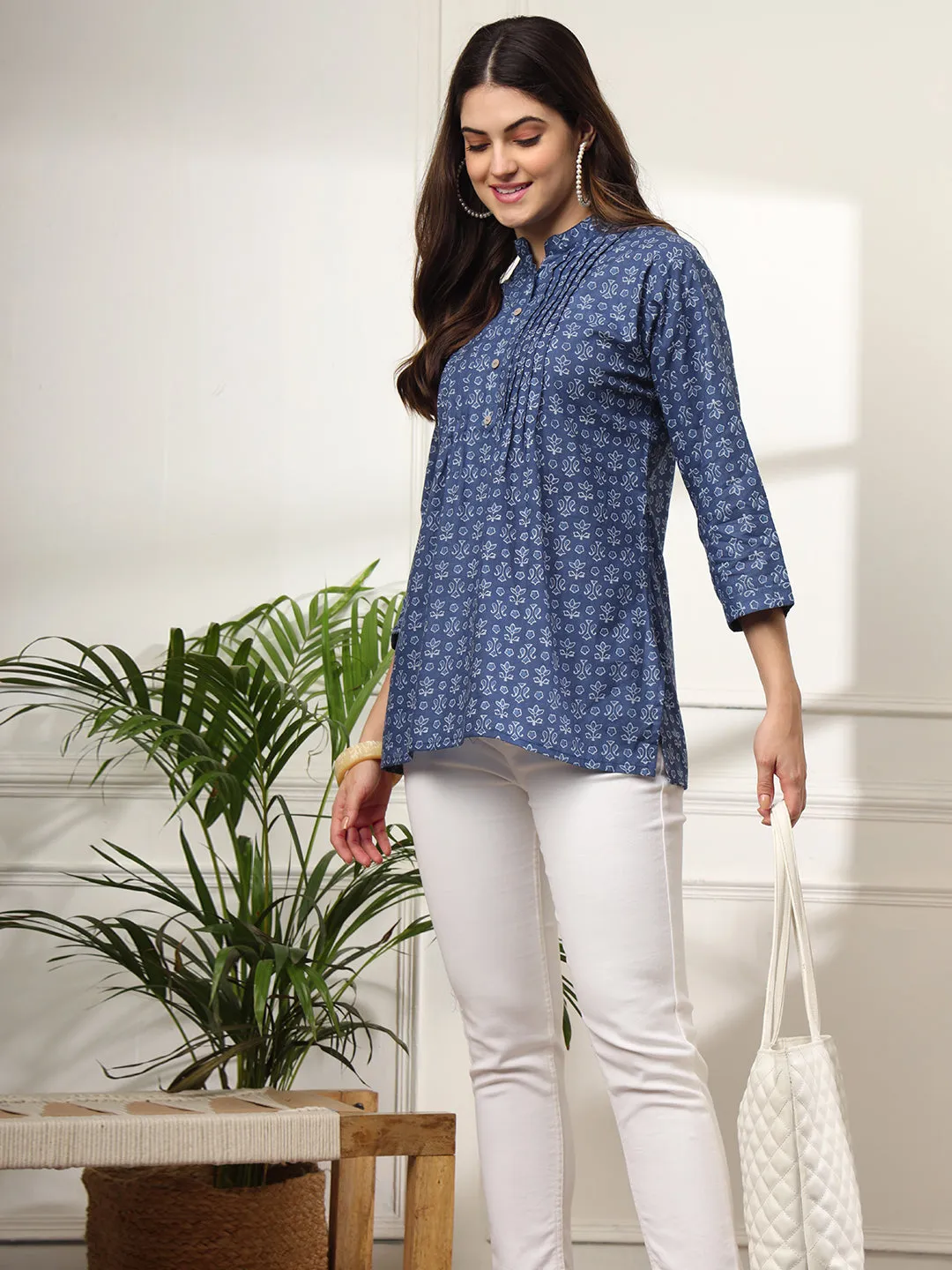 Ekisha's women blue pleated designer floral printed cotton tunic top short kurti