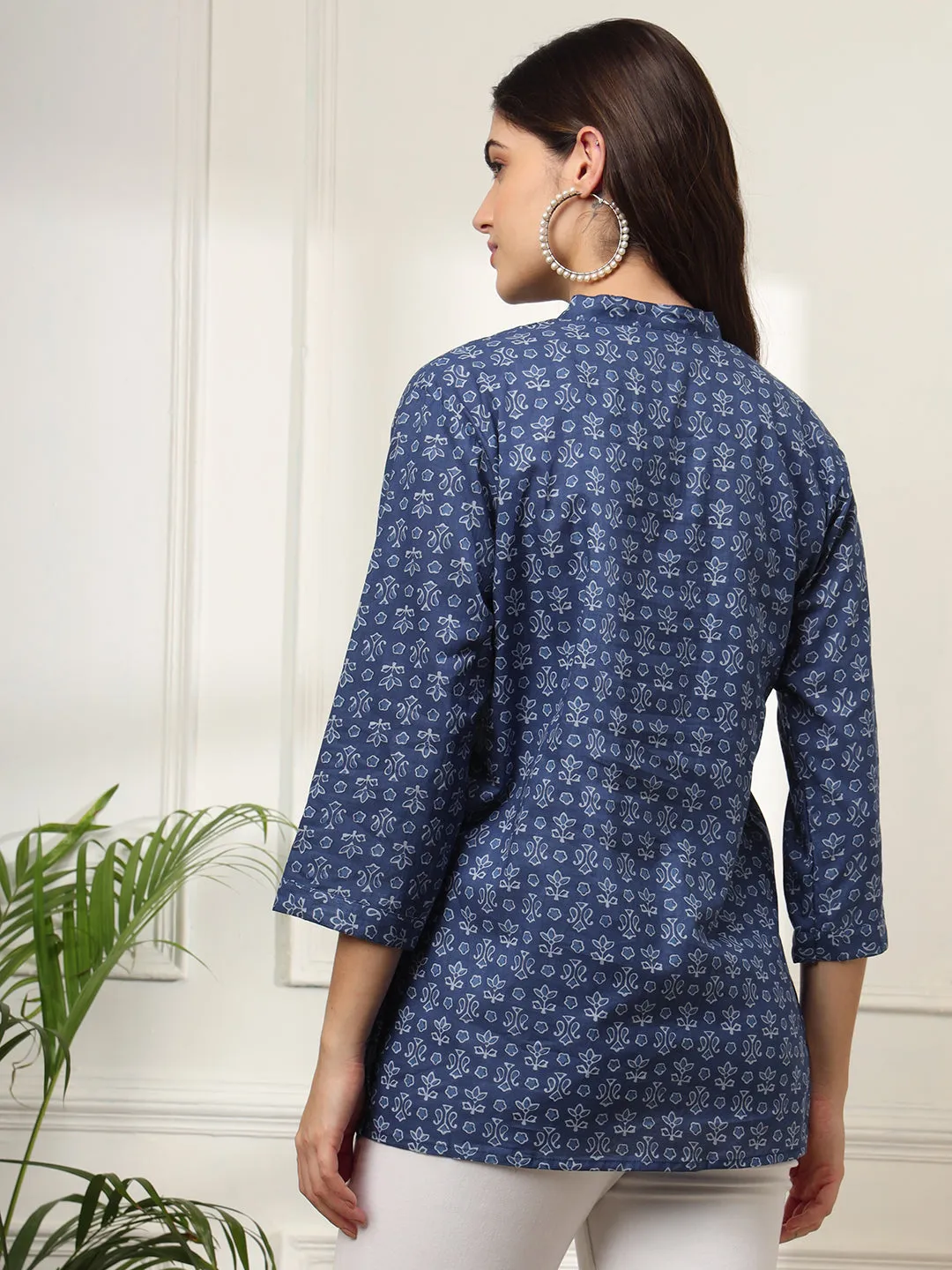 Ekisha's women blue pleated designer floral printed cotton tunic top short kurti