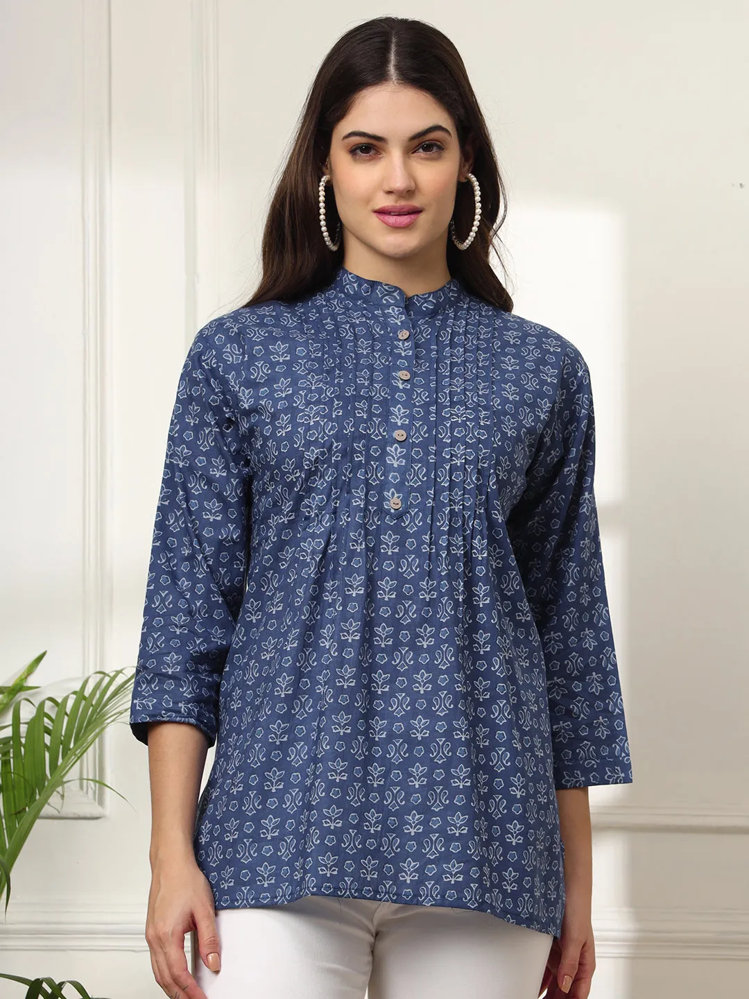 Ekisha's women blue pleated designer floral printed cotton tunic top short kurti