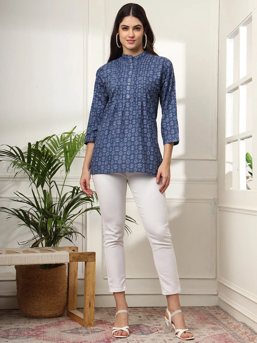 Ekisha's women blue pleated designer floral printed cotton tunic top short kurti