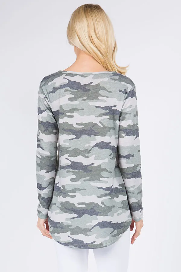Front Notch Camo Print Tunic Top