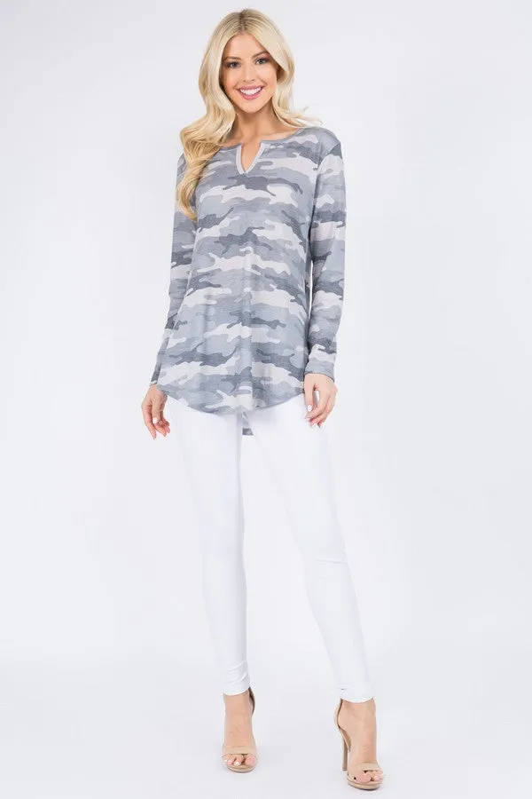 Front Notch Camo Print Tunic Top