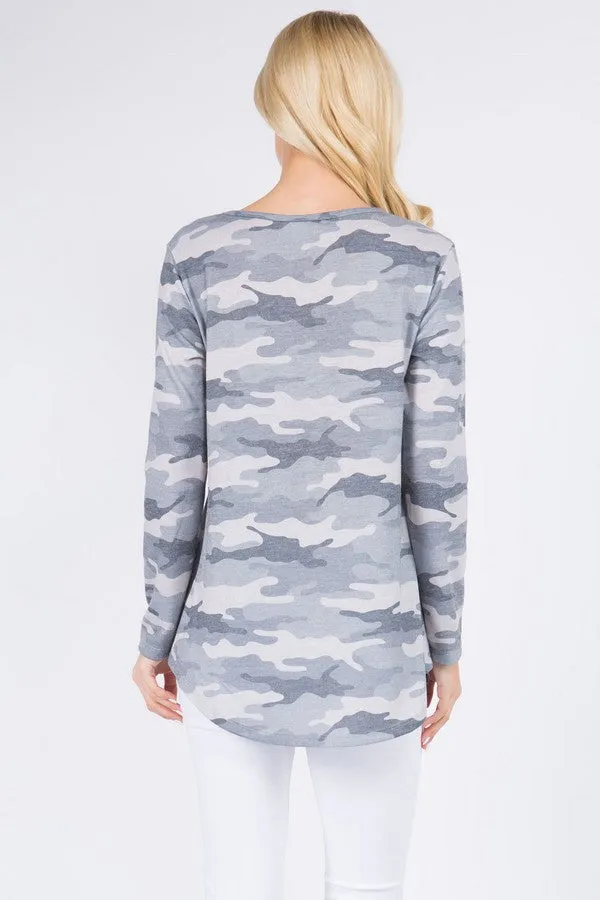 Front Notch Camo Print Tunic Top