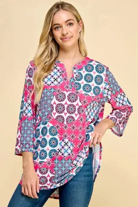 Geometric Print Split Neckline Tunic Top