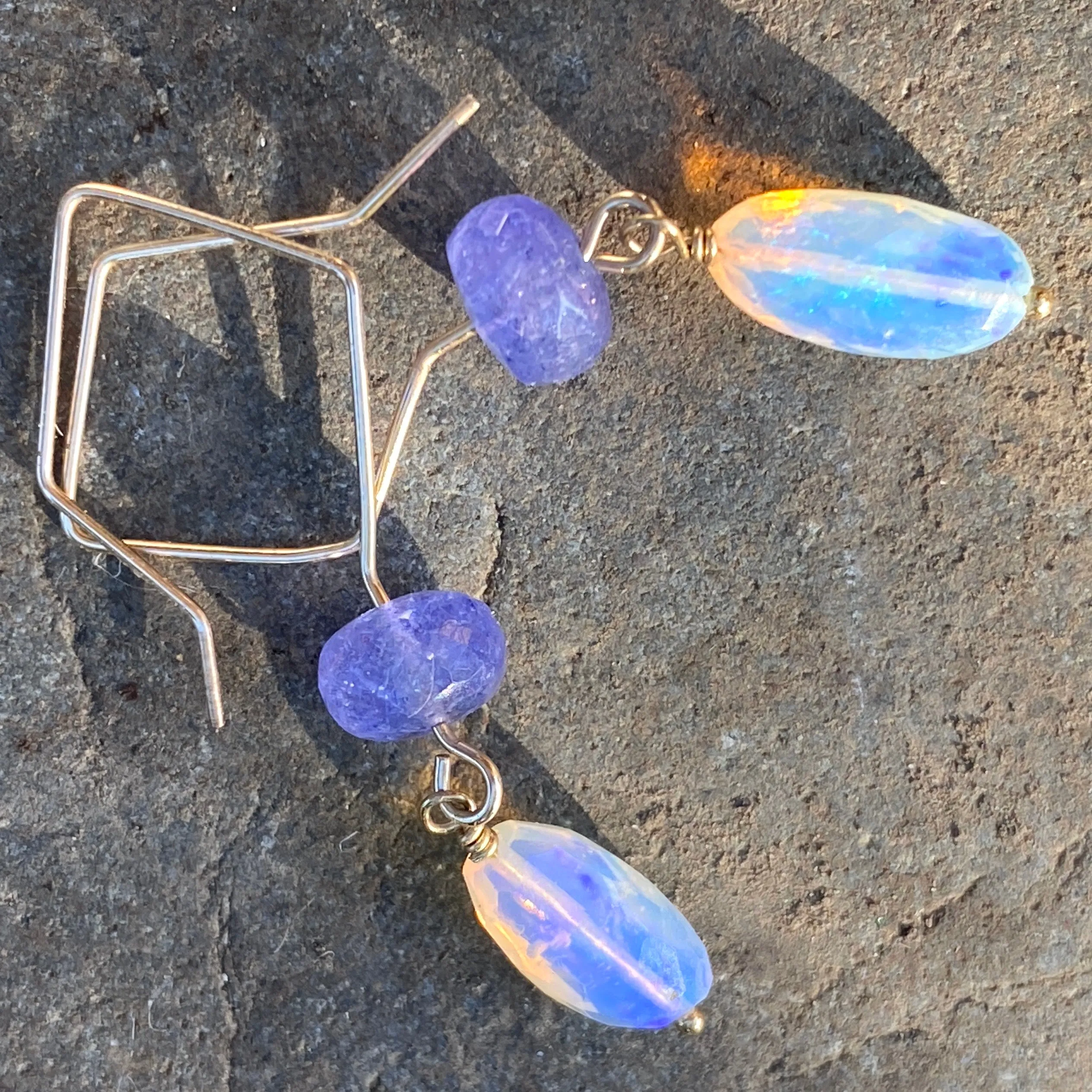 Lavender Welo Opal & Tanzanite Single Drop Earrings
