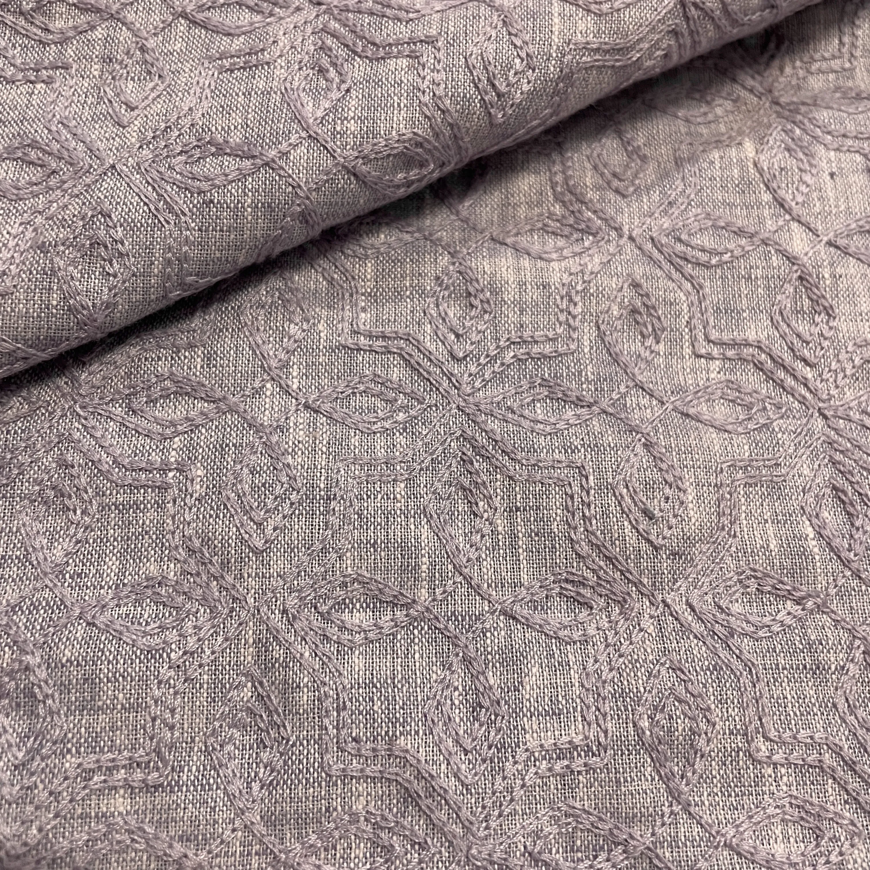 Light Lavender Geometrical Thread Embroidery Linen Fabric