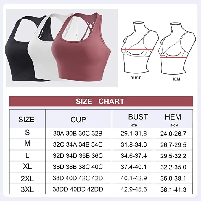 New Ursexyly Strappy Sports Bra for Women Cross Back Longline Padded Yoga Crop Tops Medium Support Wirefree Workout Running Bra, Black, Sz XXL!