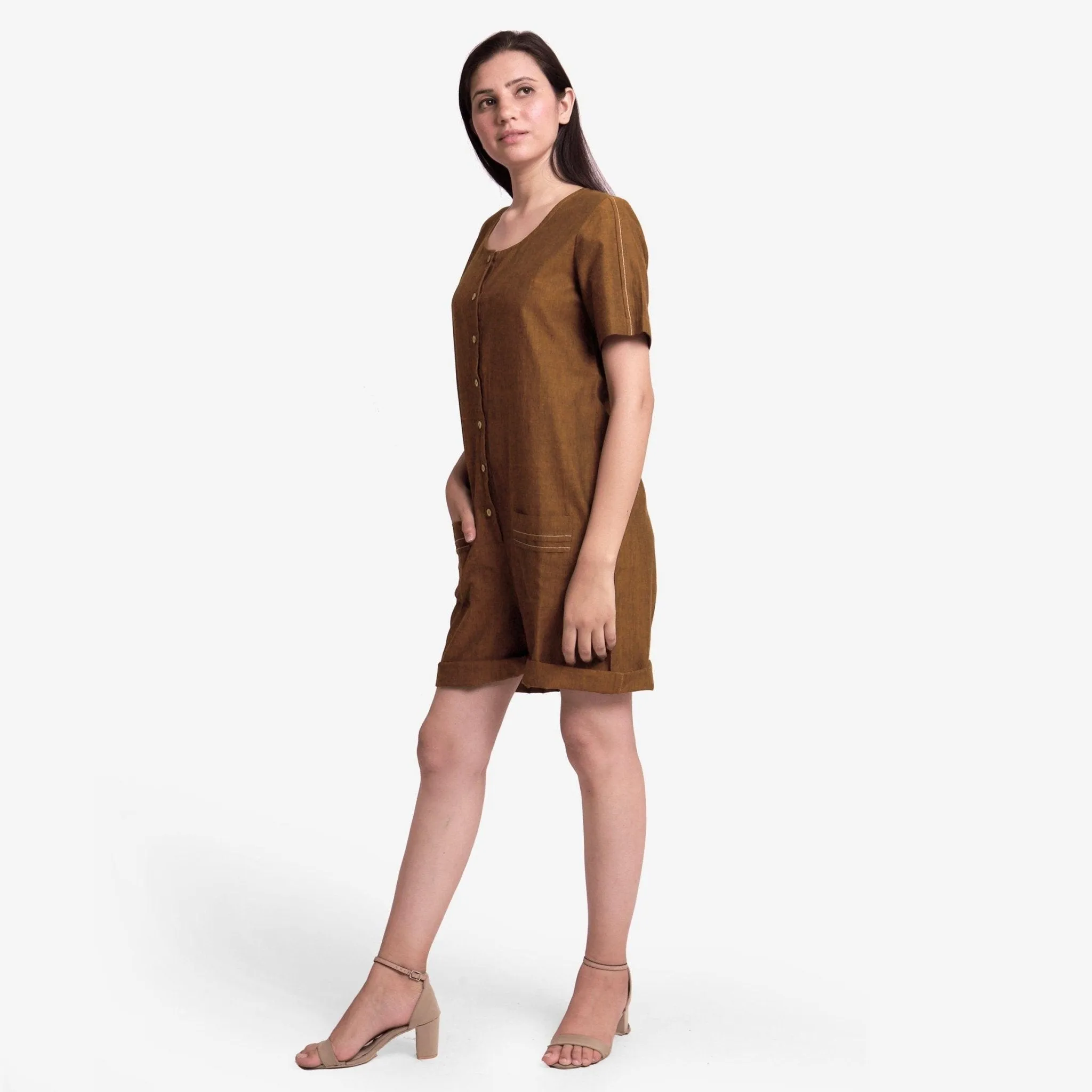 Oak Brown Handspun Cotton Button-Down Romper