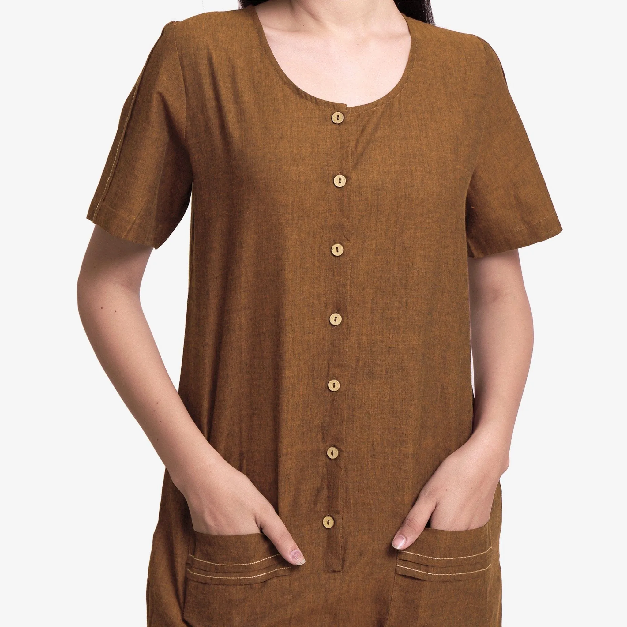 Oak Brown Handspun Cotton Button-Down Romper
