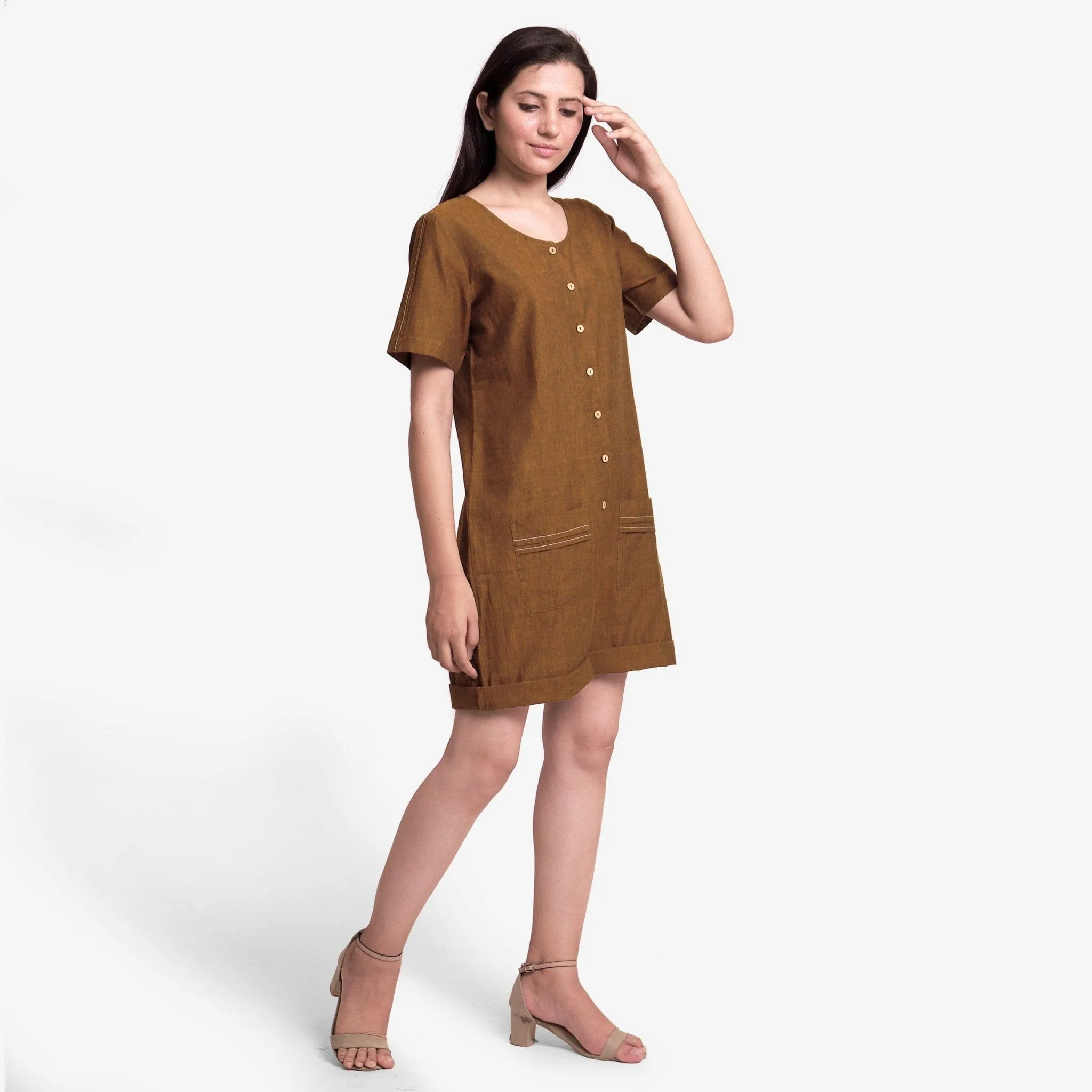 Oak Brown Handspun Cotton Button-Down Romper