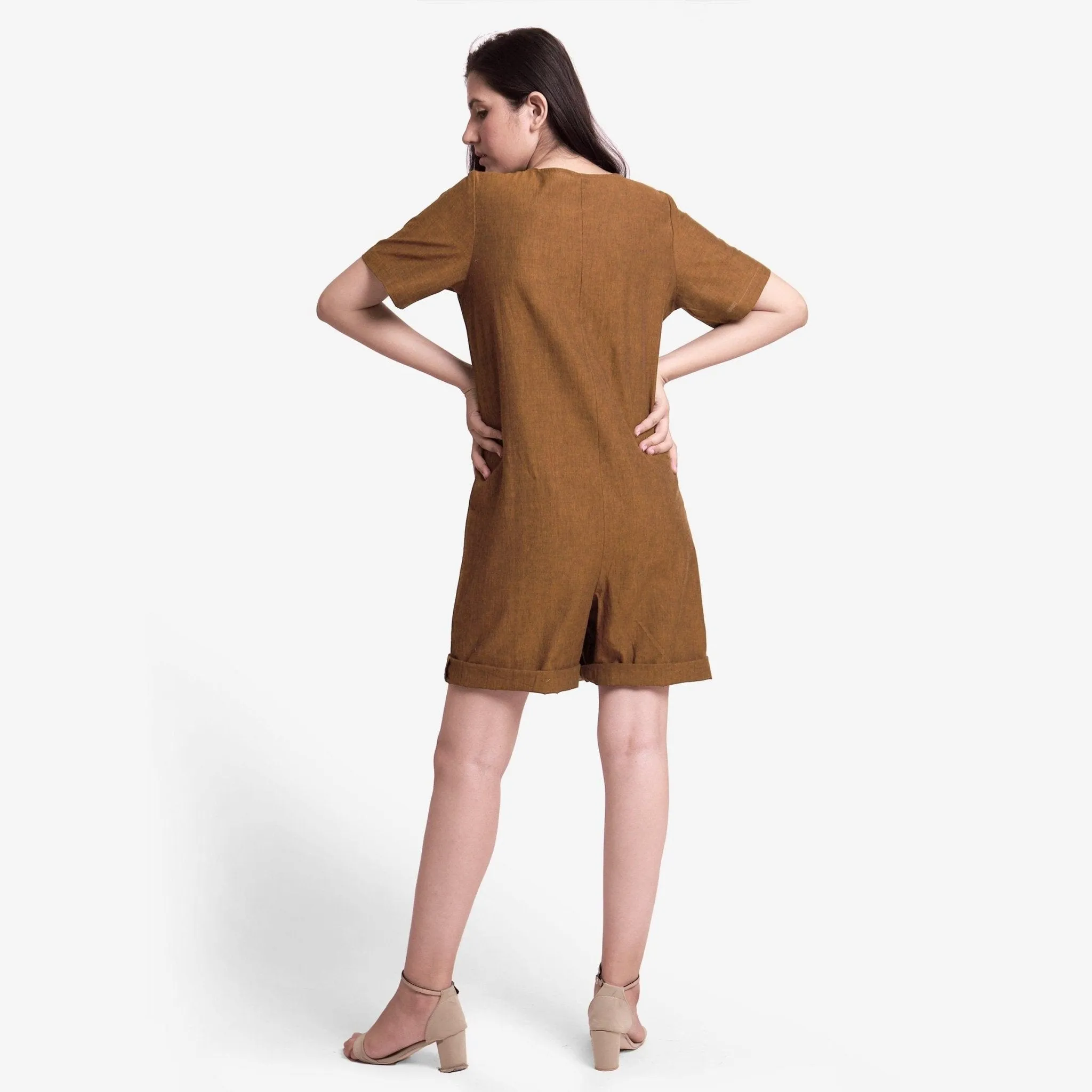 Oak Brown Handspun Cotton Button-Down Romper