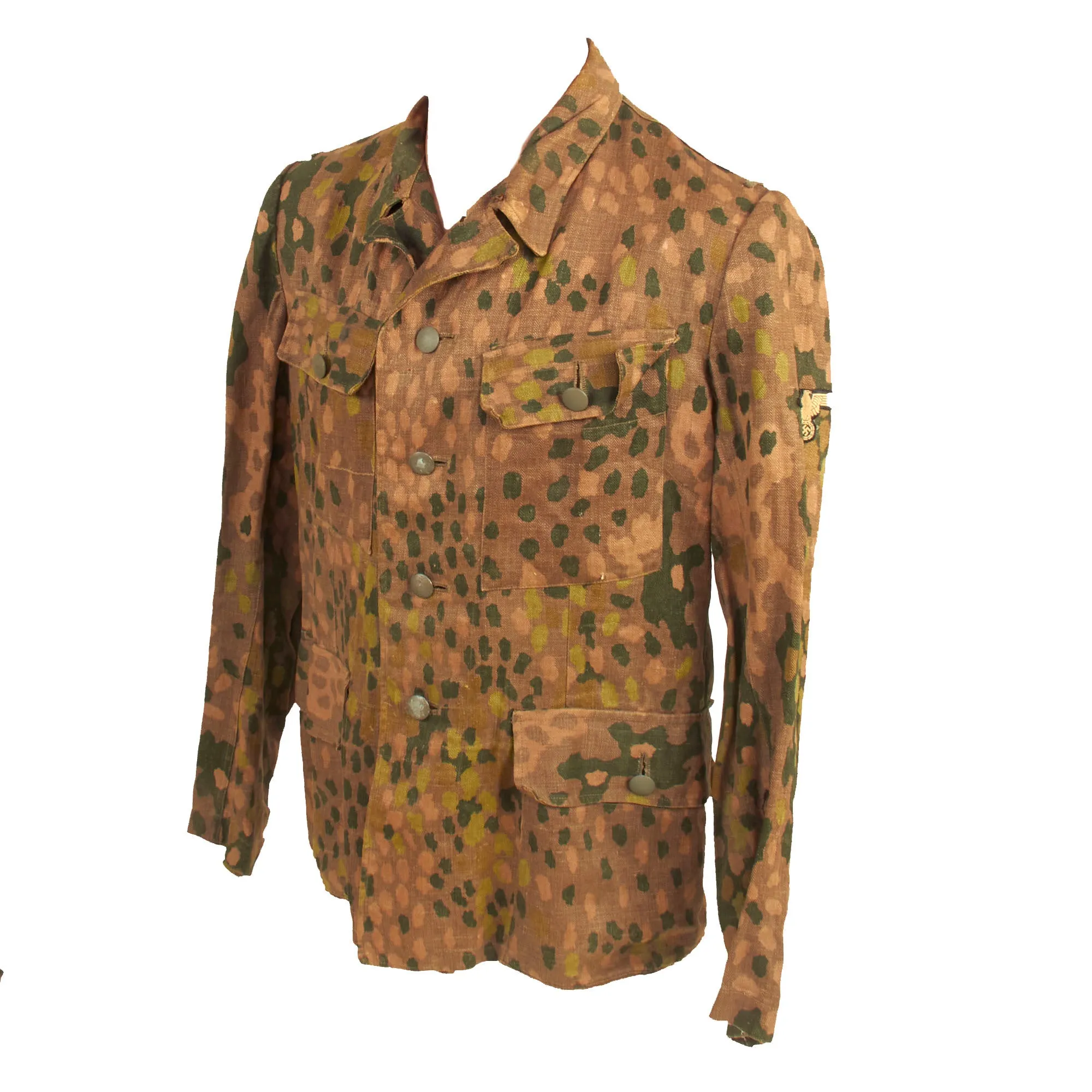 Original German WWII Waffen SS 1944 Pattern "Pea Dot" Camouflage HBT M44 Uniform Tunic & Trousers with Resewn Eagle