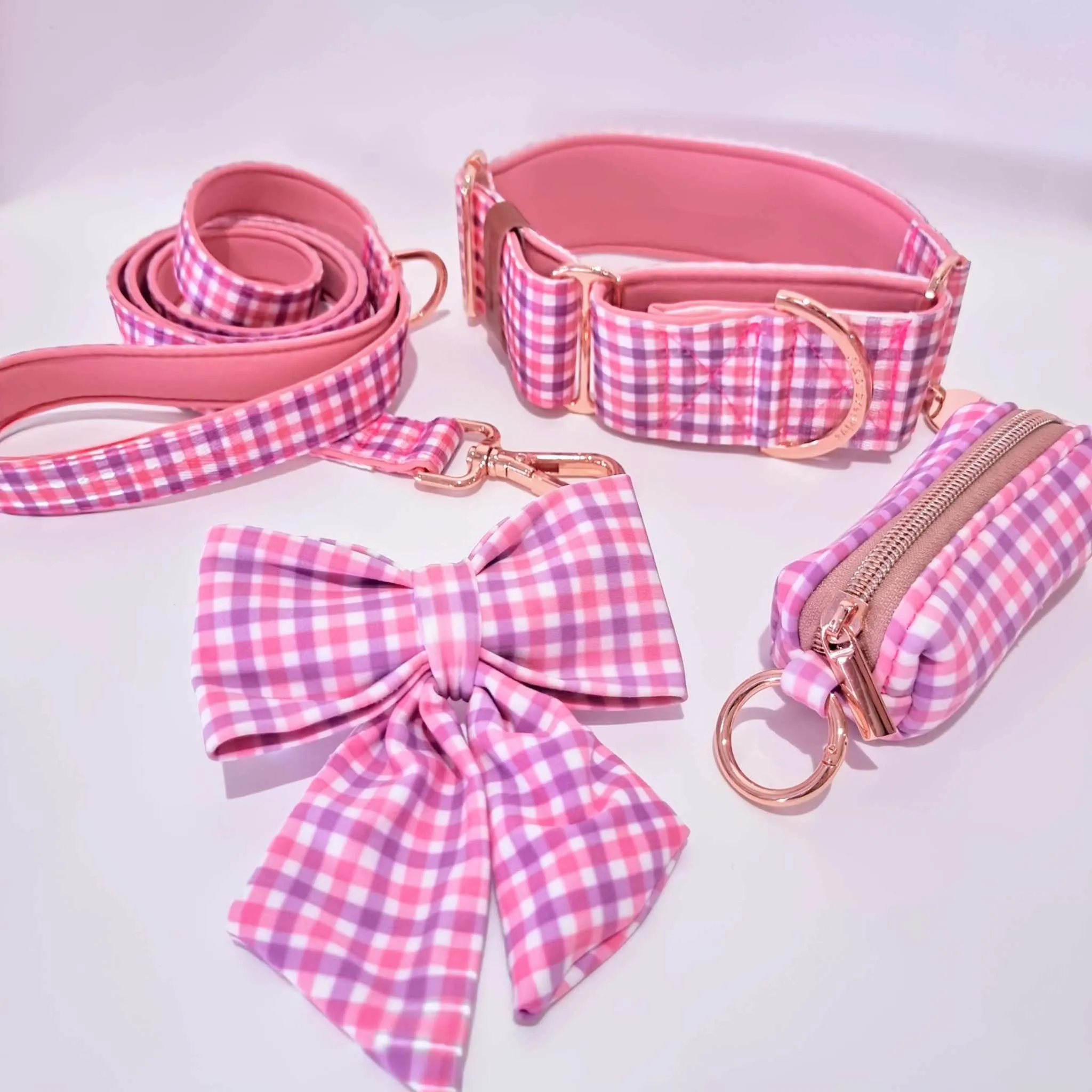 Personalised Martingale Collar - Pink and Purple Gingham Neoprene Padded