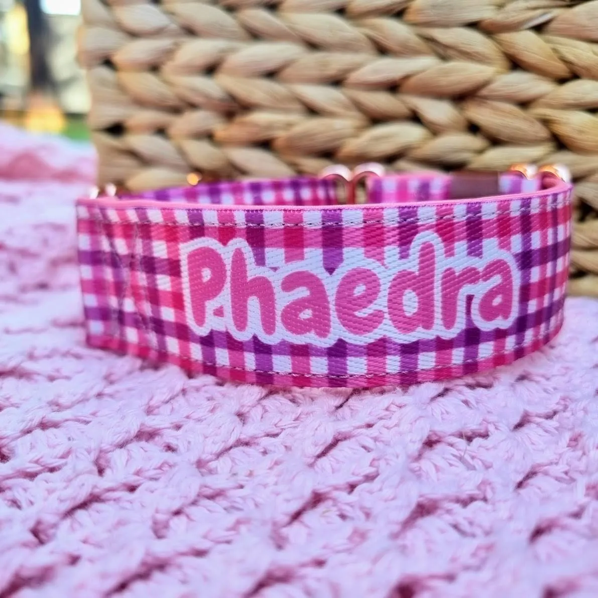Personalised Martingale Collar - Pink and Purple Gingham Neoprene Padded