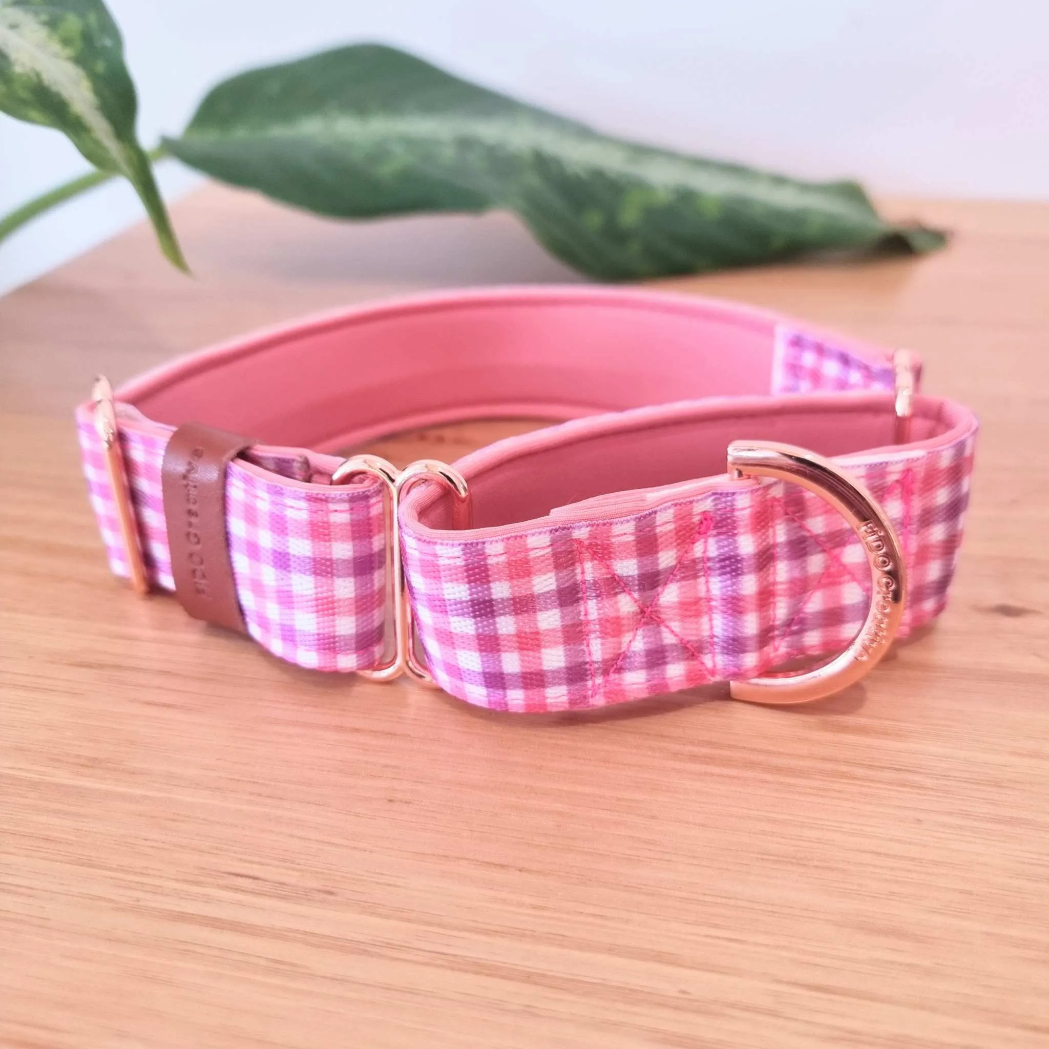 Personalised Martingale Collar - Pink and Purple Gingham Neoprene Padded