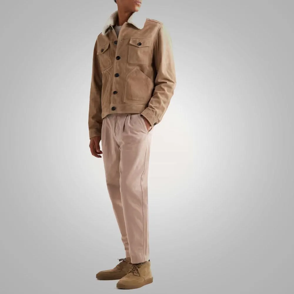 Shearling Lined Leather Brown Trucker Jacket For Men