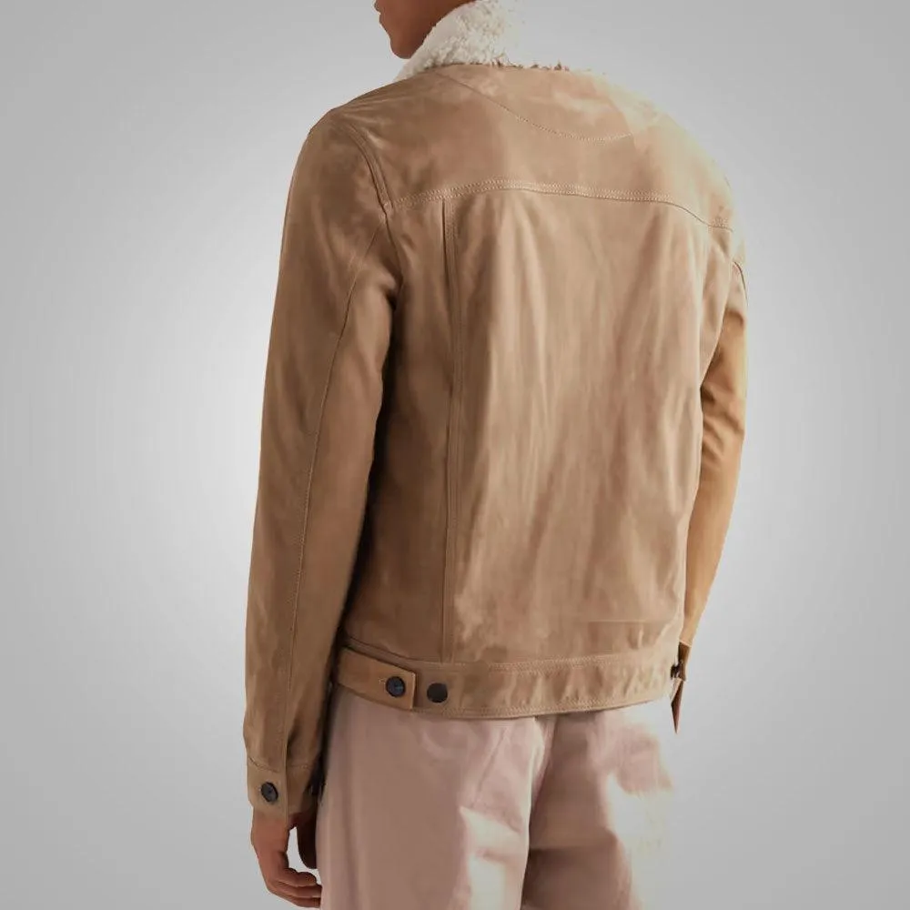 Shearling Lined Leather Brown Trucker Jacket For Men