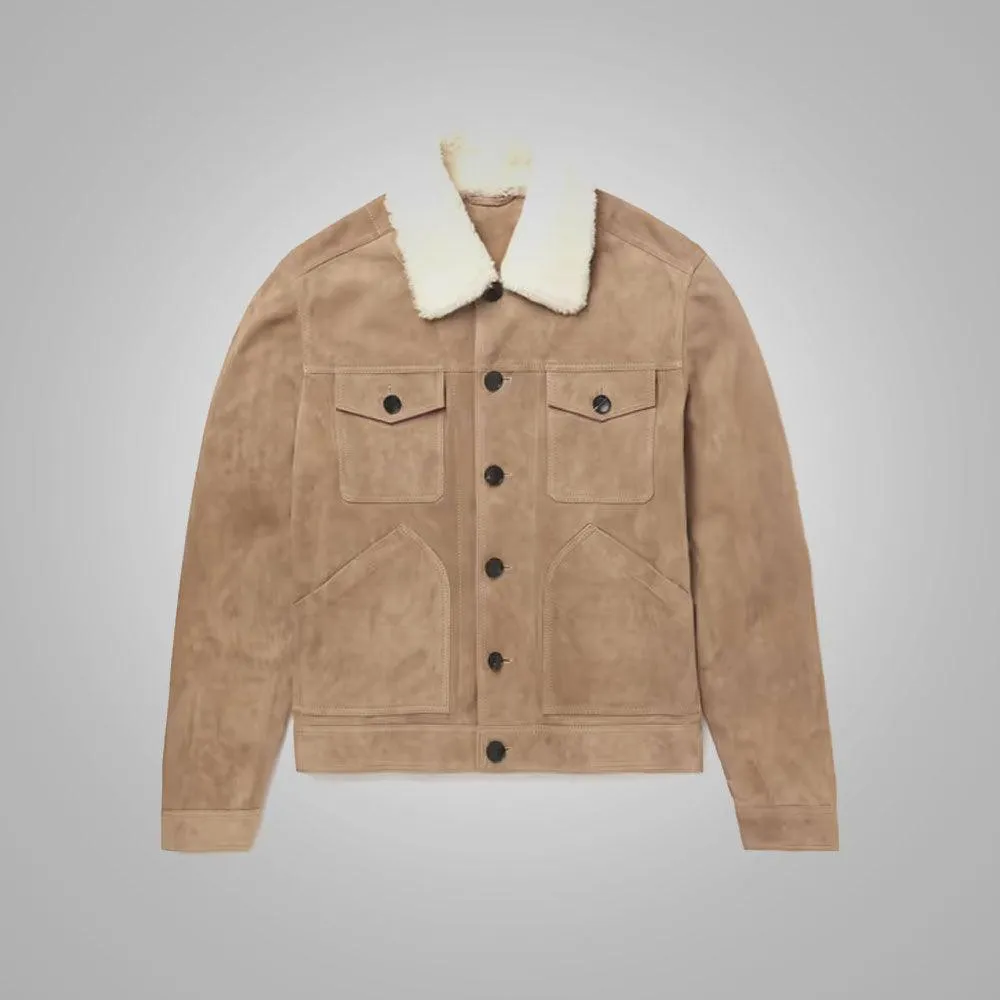 Shearling Lined Leather Brown Trucker Jacket For Men