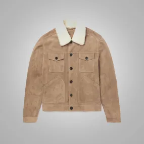 Shearling Lined Leather Brown Trucker Jacket For Men