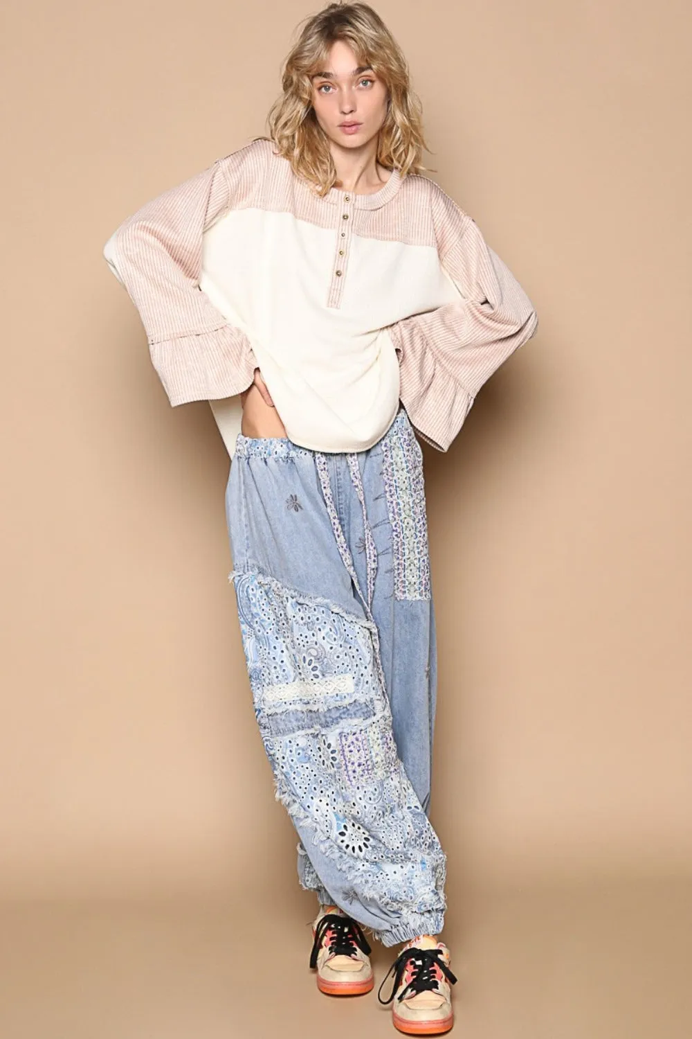 Striped Flounce Sleeve Exposed Seam Top