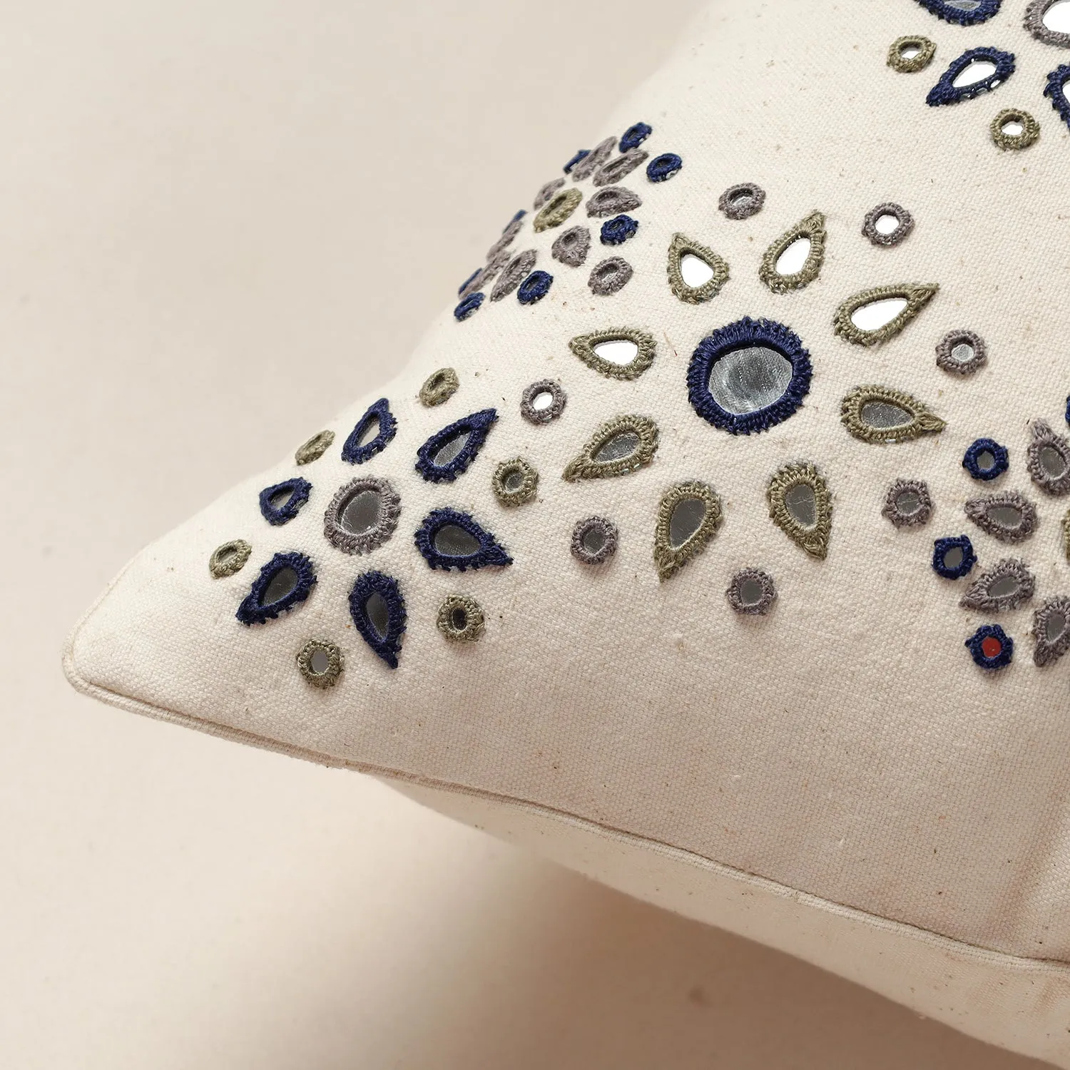 White - Kutch Rabari Hand Embroidery Kala Cotton Cushion Cover (16 x 16 in)
