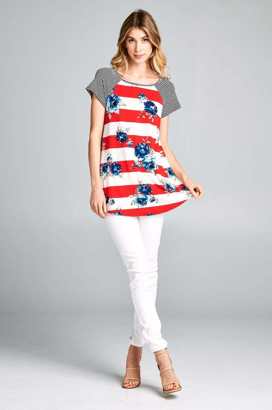 Womens Floral Striped Top, 4th of July Shirt, Sizes 1xl/2xl/3xl, Red/White/Blue