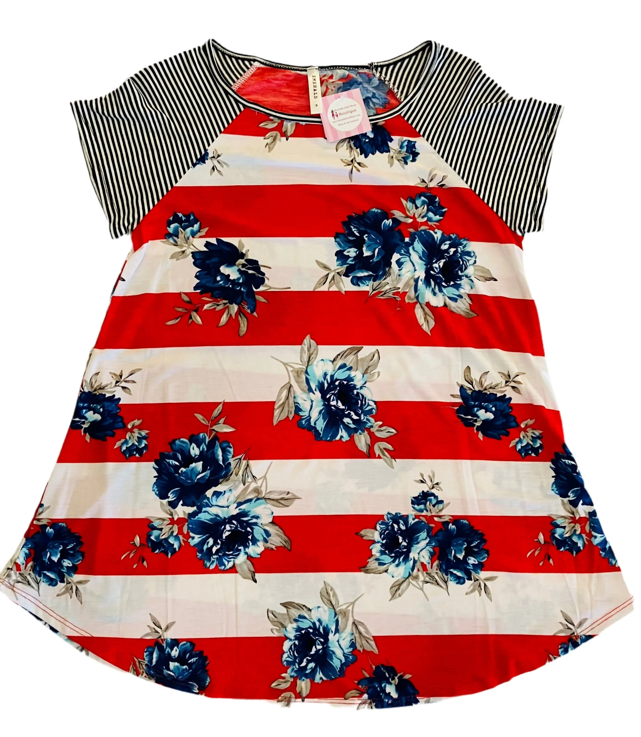Womens Floral Striped Top, 4th of July Shirt, Sizes 1xl/2xl/3xl, Red/White/Blue