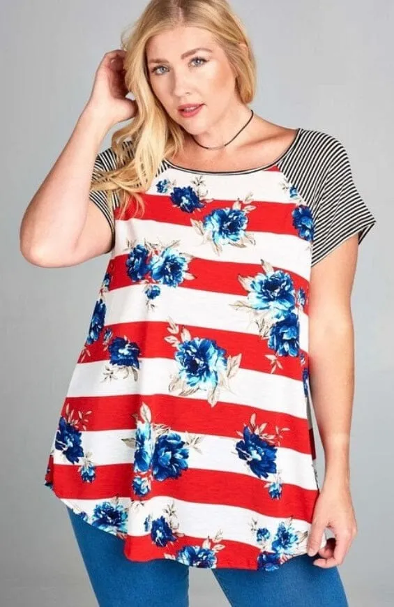 Womens Floral Striped Top, 4th of July Shirt, Sizes 1xl/2xl/3xl, Red/White/Blue