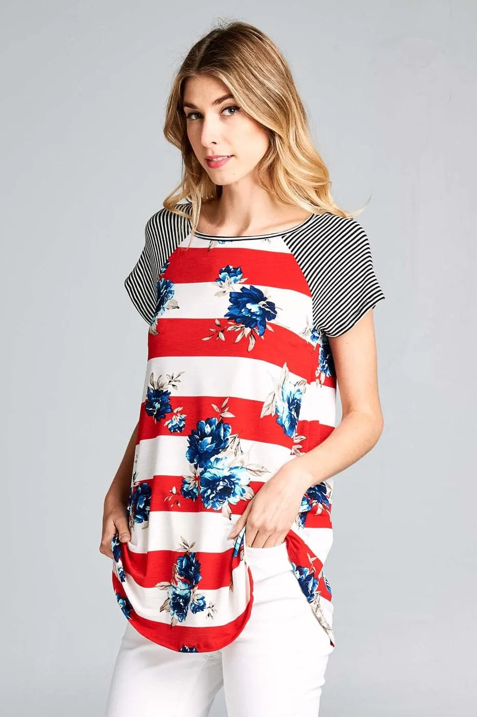 Womens Floral Striped Top, 4th of July Shirt, Sizes 1xl/2xl/3xl, Red/White/Blue