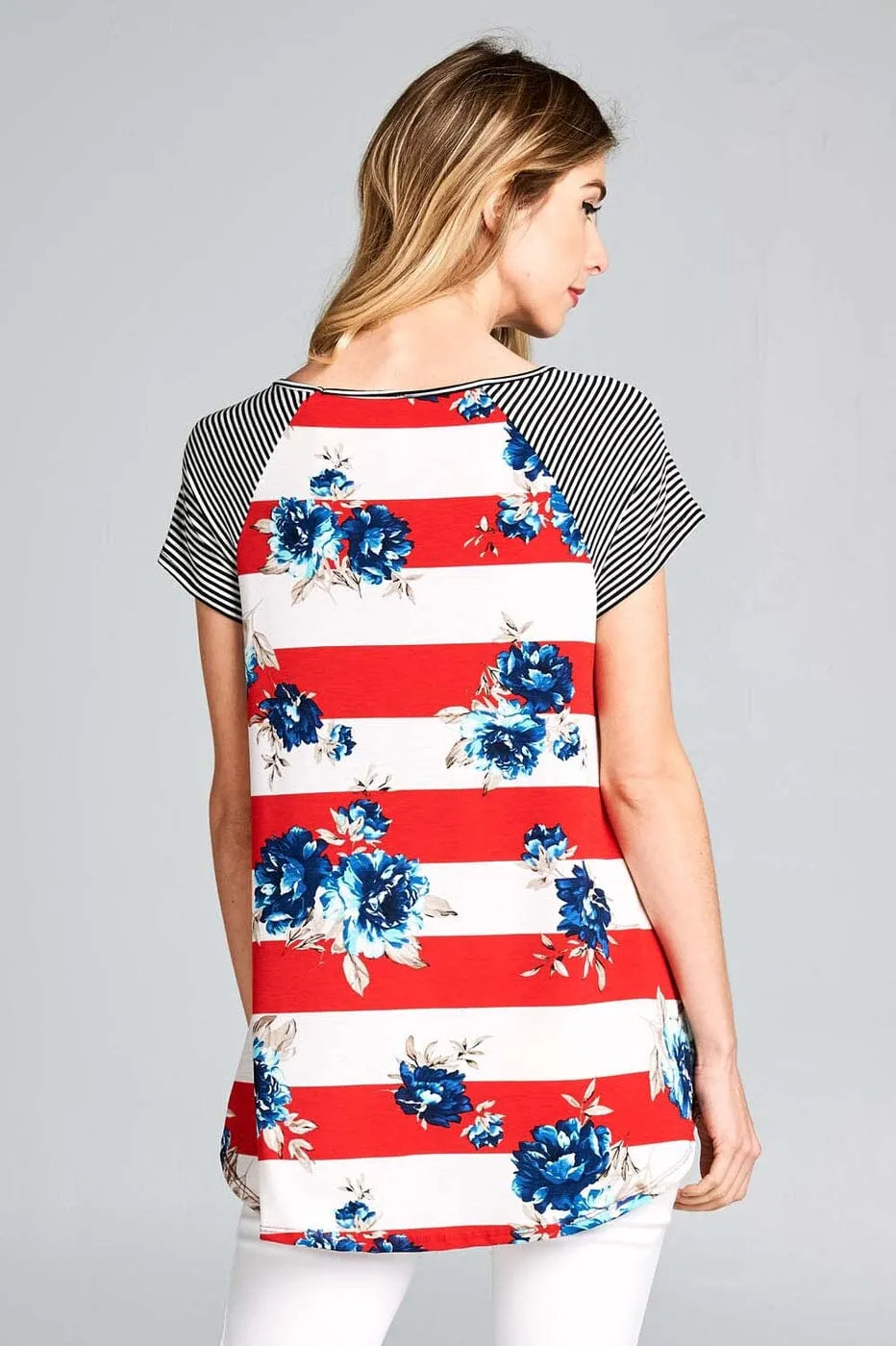 Womens Floral Striped Top, 4th of July Shirt, Sizes 1xl/2xl/3xl, Red/White/Blue