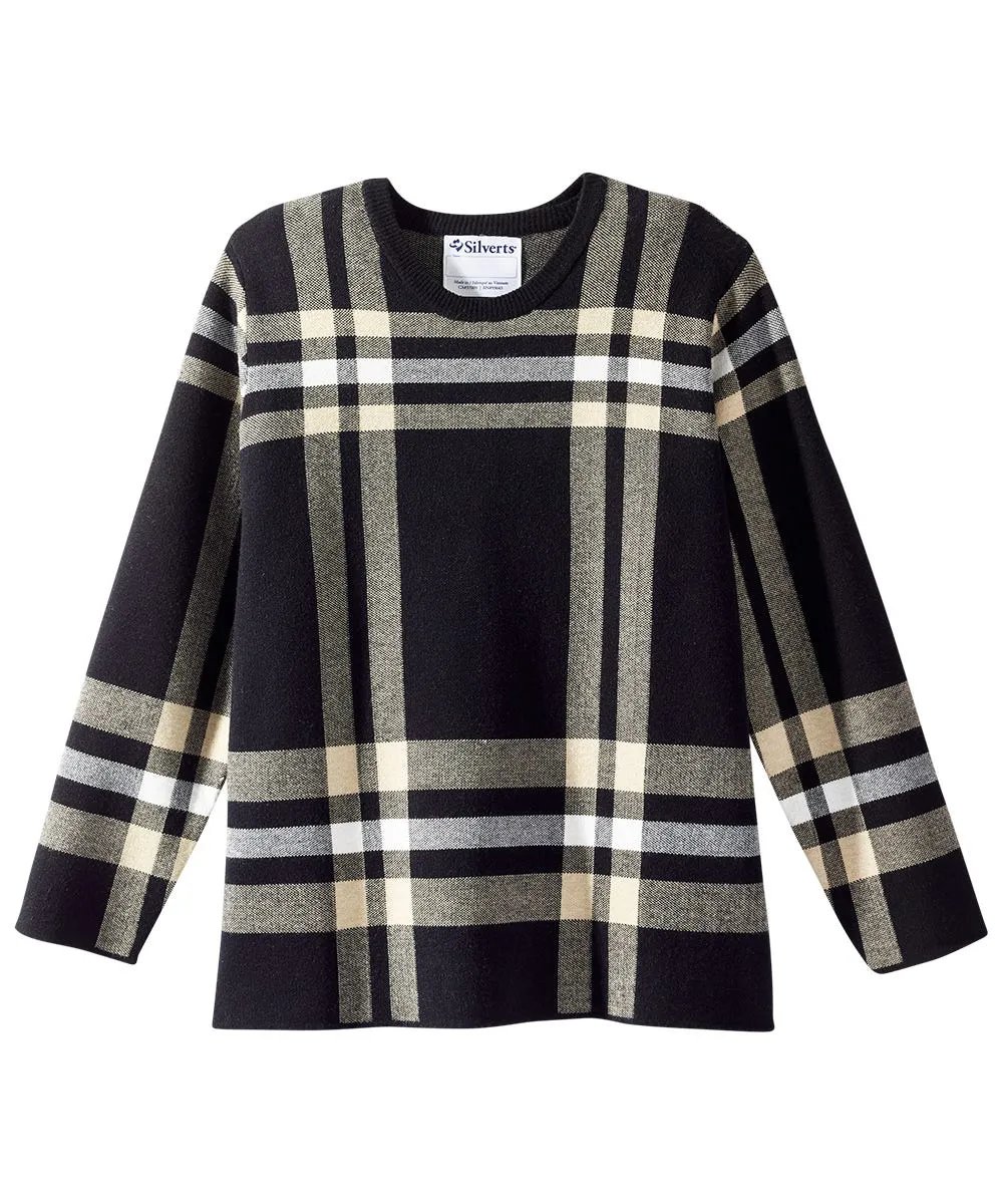 Women's Open Back Plaid Crew Neck Sweater