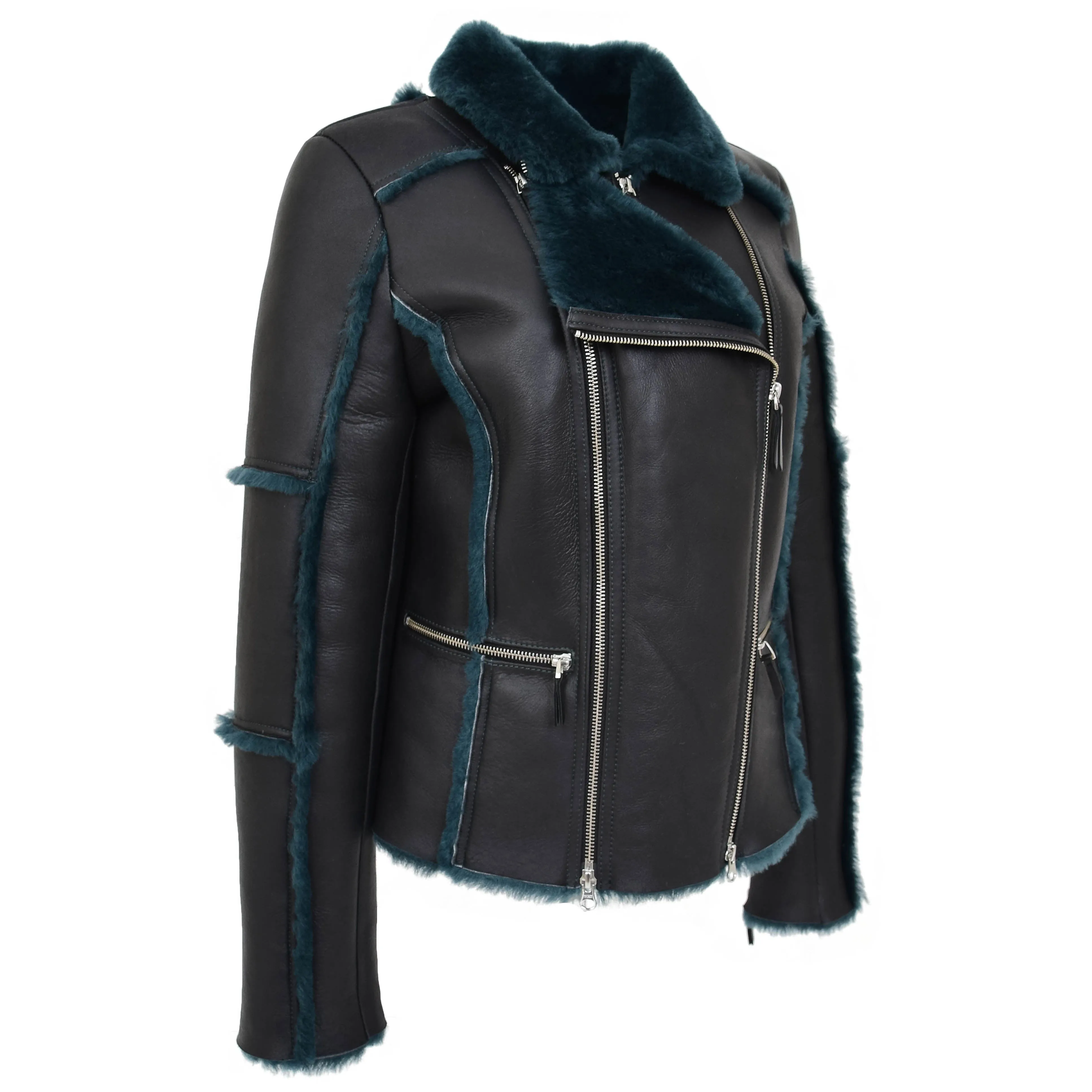 Womens Sheepskin Aviator Pilot Jacket Valerie Black Green
