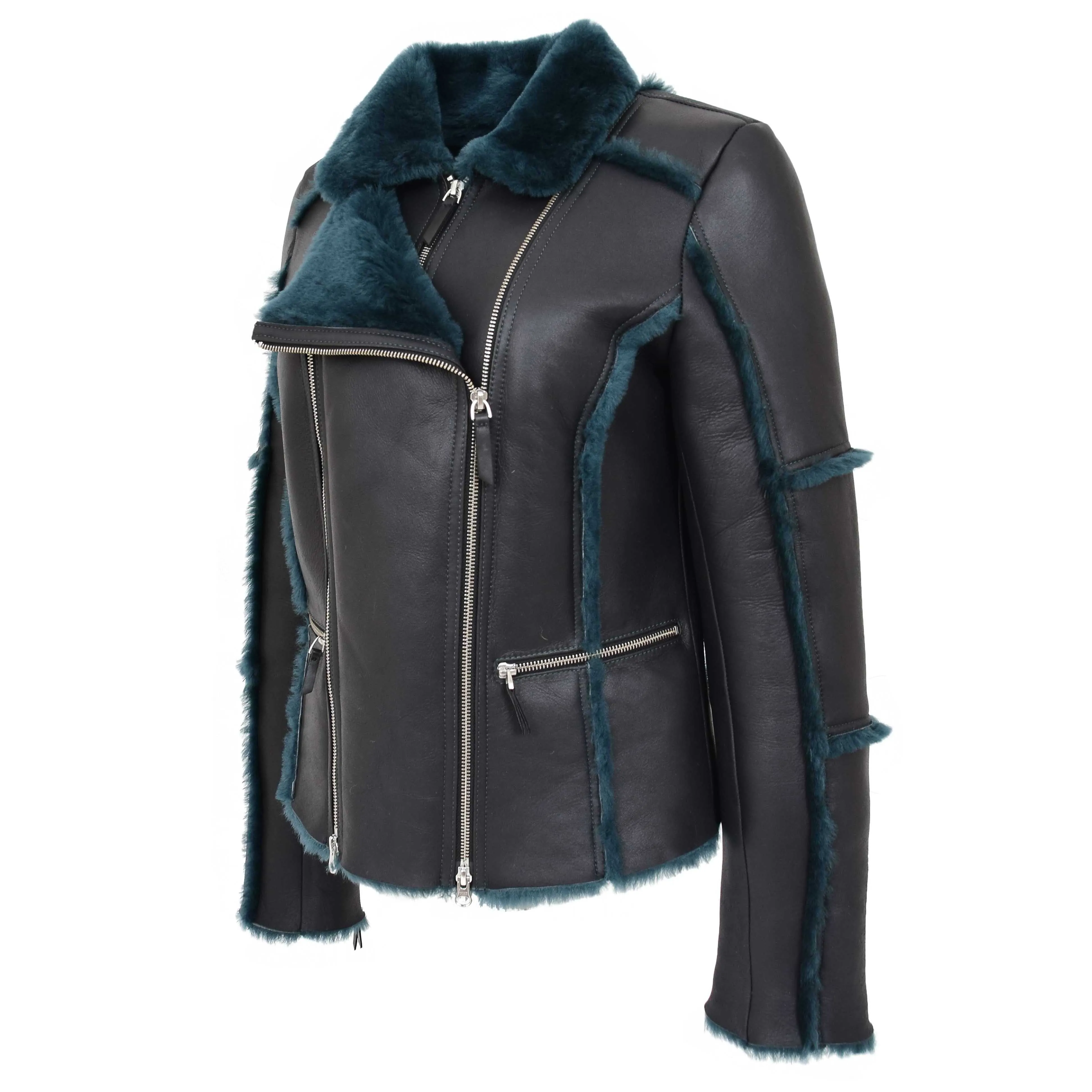 Womens Sheepskin Aviator Pilot Jacket Valerie Black Green