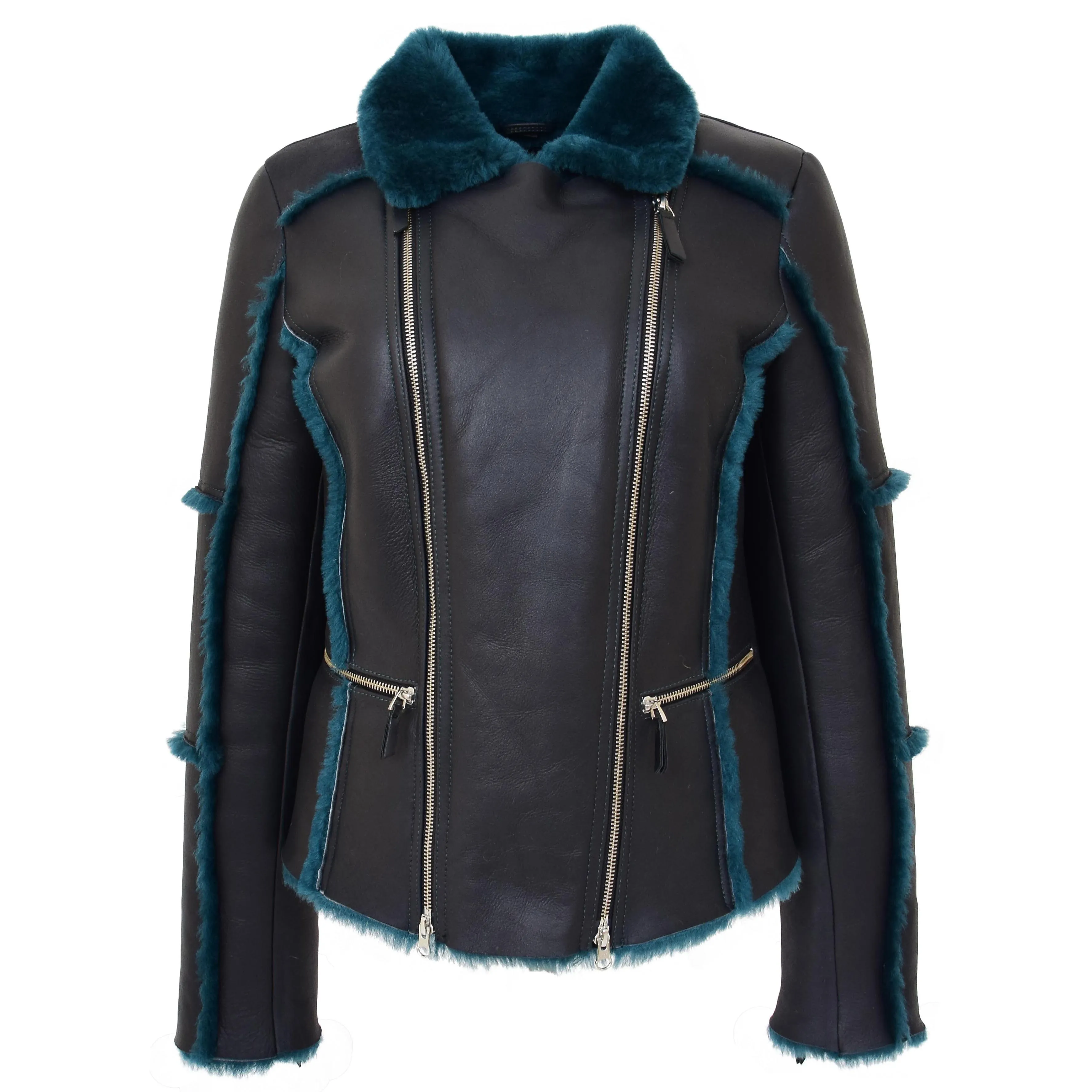 Womens Sheepskin Aviator Pilot Jacket Valerie Black Green